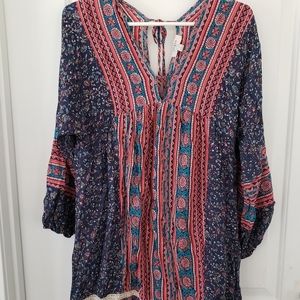 Umgee navy boho print v neck mini dress sz Small